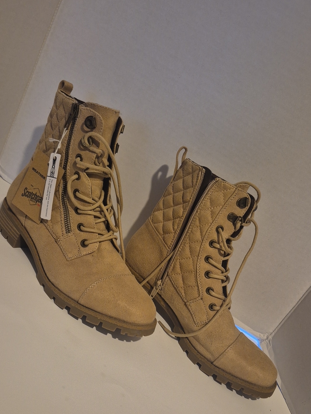 White Mountain Tan Quilted Lace-Up Combat Boots with Side Zipper